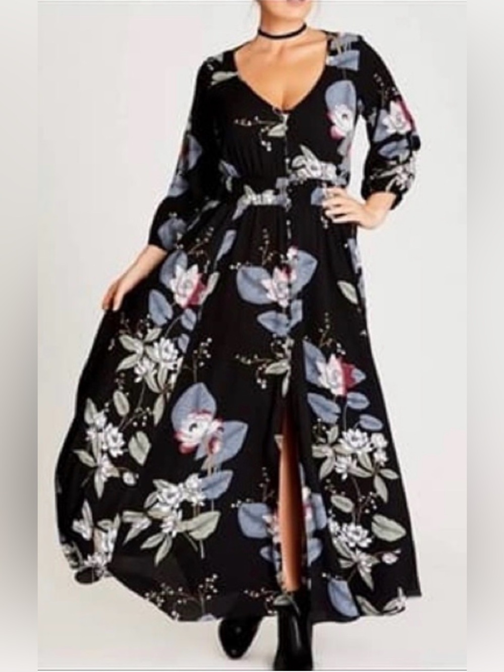 City Chic Button Front Maxi black and Blue Floral Dress